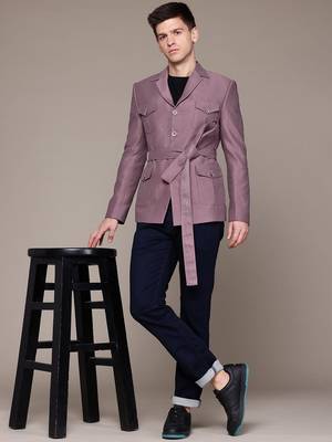 lavender single-breasted slim-fit blazer with belted waist 6