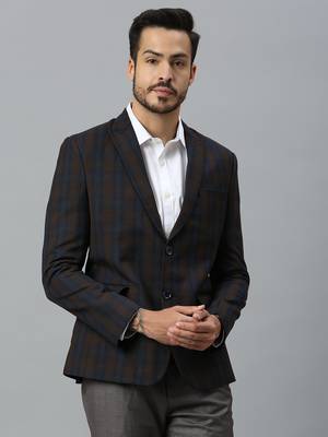 double-breasted regular fit navy blue blazer with brown checks 2