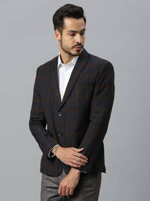 double-breasted regular fit navy blue blazer with brown checks 3