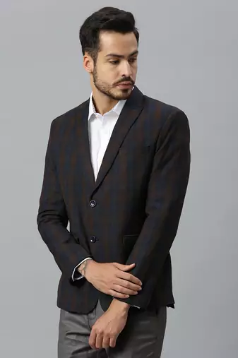 double-breasted regular fit navy blue blazer with brown checks