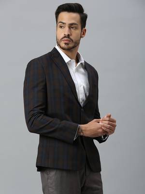 double-breasted regular fit navy blue blazer with brown checks 4