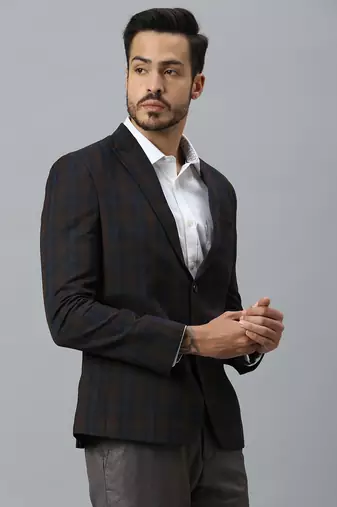 double-breasted regular fit navy blue blazer with brown checks
