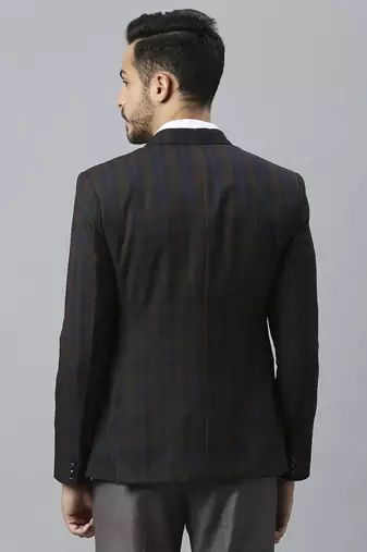 double-breasted regular fit navy blue blazer with brown checks