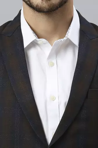 double-breasted regular fit navy blue blazer with brown checks