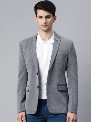 grey single-breasted regular fit blazer in premium knitted fabric with lapel pin 2