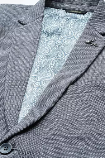grey single-breasted regular fit blazer in premium knitted fabric with lapel pin