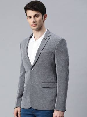 grey single-breasted regular fit blazer in premium knitted fabric with lapel pin 4
