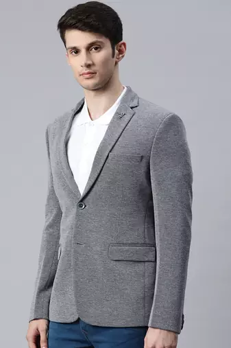 grey single-breasted regular fit blazer in premium knitted fabric with lapel pin