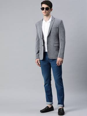 grey single-breasted regular fit blazer in premium knitted fabric with lapel pin 6