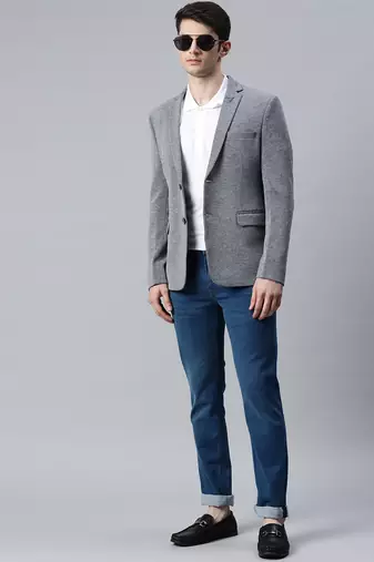 grey single-breasted regular fit blazer in premium knitted fabric with lapel pin