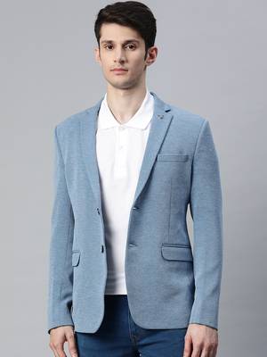 blue single-breasted regular fit blazer in premium knitted fabric with lapel pin 1