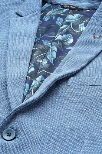 blue single-breasted regular fit blazer in premium knitted fabric with lapel pin