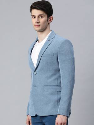 blue single-breasted regular fit blazer in premium knitted fabric with lapel pin 3