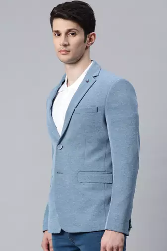 blue single-breasted regular fit blazer in premium knitted fabric with lapel pin