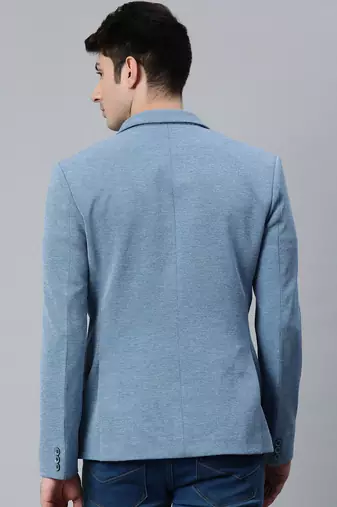 blue single-breasted regular fit blazer in premium knitted fabric with lapel pin