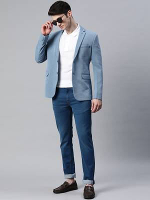blue single-breasted regular fit blazer in premium knitted fabric with lapel pin 5