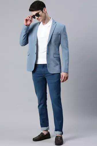 blue single-breasted regular fit blazer in premium knitted fabric with lapel pin