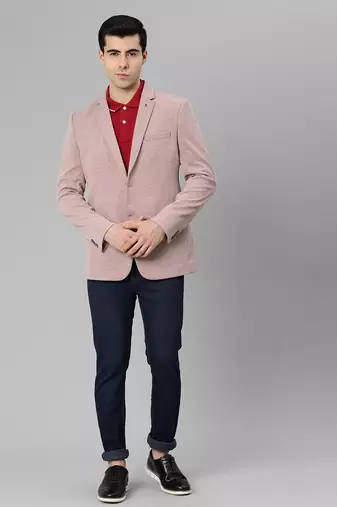 peach single-breasted regular fit blazer in premium knitted fabric with lapel pin