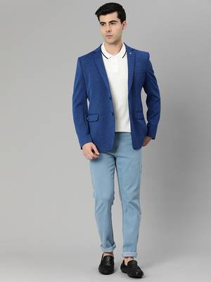 dark blue single-breasted regular fit blazer in premium knitted fabric with lapel pin 5