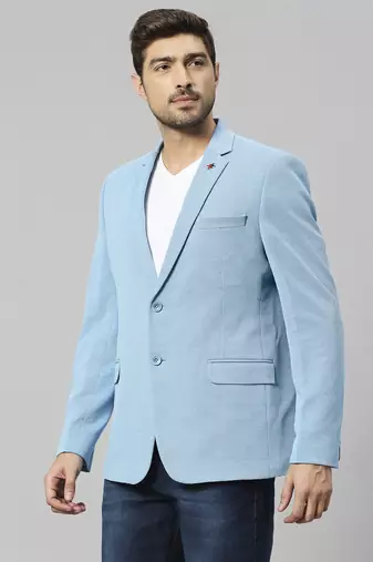 light blue single-breasted regular fit blazer in premium knitted fabric with lapel pin