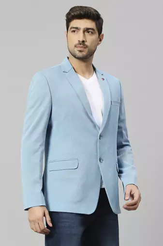 light blue single-breasted regular fit blazer in premium knitted fabric with lapel pin