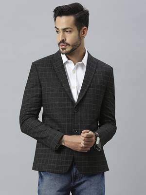 charcoal grey double-breasted regular fit blazer with white checks 1