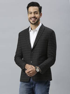 charcoal grey double-breasted regular fit blazer with white checks 2
