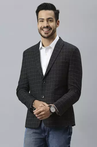 charcoal grey double-breasted regular fit blazer with white checks