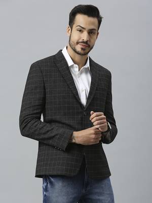 charcoal grey double-breasted regular fit blazer with white checks 3
