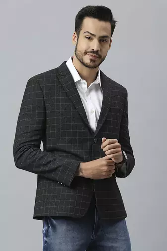 charcoal grey double-breasted regular fit blazer with white checks