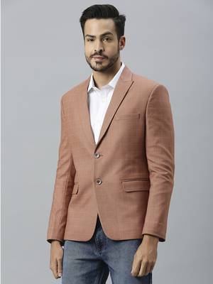 orangish peach double-breasted regular fit blazer with white checks 1