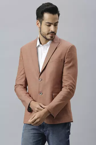 orangish peach double-breasted regular fit blazer with white checks