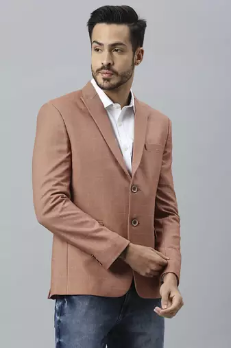 orangish peach double-breasted regular fit blazer with white checks