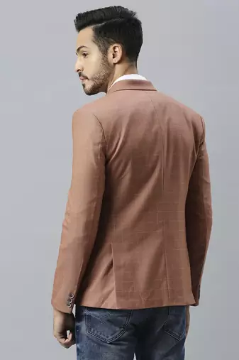 orangish peach double-breasted regular fit blazer with white checks