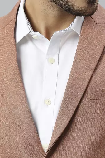 orangish peach double-breasted regular fit blazer with white checks