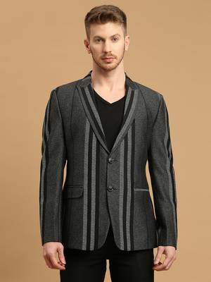 Men's knitted single-breasted slim-fit charcoal grey blazer with stripe jacquard 1