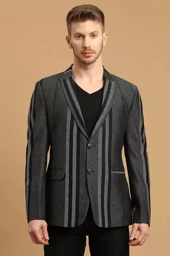 Men's knitted single-breasted slim-fit charcoal grey blazer with stripe jacquard