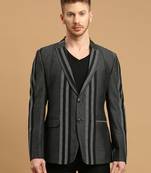 Men's knitted single-breasted slim-fit charcoal grey blazer with stripe jacquard
