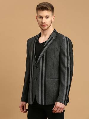 Men's knitted single-breasted slim-fit charcoal grey blazer with stripe jacquard 2