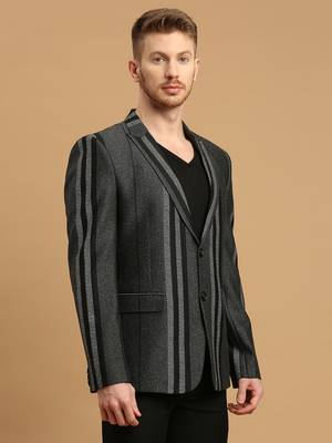 Men's knitted single-breasted slim-fit charcoal grey blazer with stripe jacquard 3