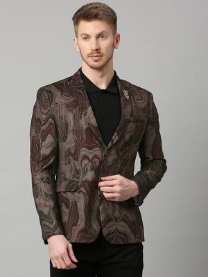 knitted single-breasted slim-fit maroon blazer with abstract print 1