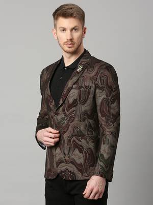 knitted single-breasted slim-fit maroon blazer with abstract print 2