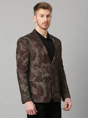 knitted single-breasted slim-fit maroon blazer with abstract print 3
