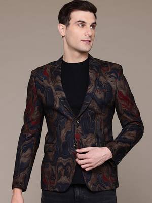 knitted single-breasted slim-fit blue and gold abstract print blazer 1