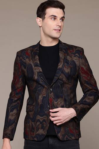 Men's knitted single-breasted slim-fit blue and gold abstract print blazer