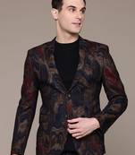 Men's knitted single-breasted slim-fit blue and gold abstract print blazer
