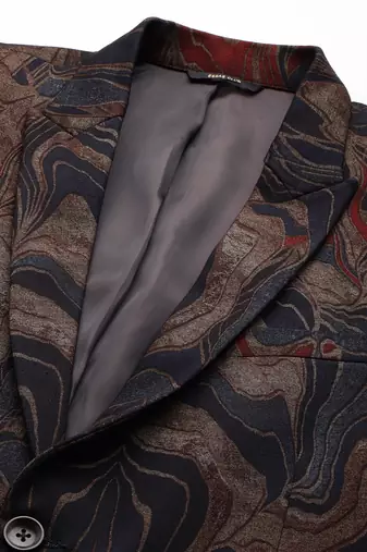 knitted single-breasted slim-fit blue and gold abstract print blazer