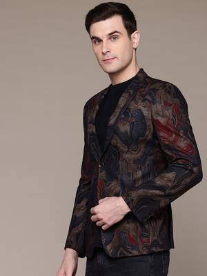 knitted single-breasted slim-fit blue and gold abstract print blazer 3