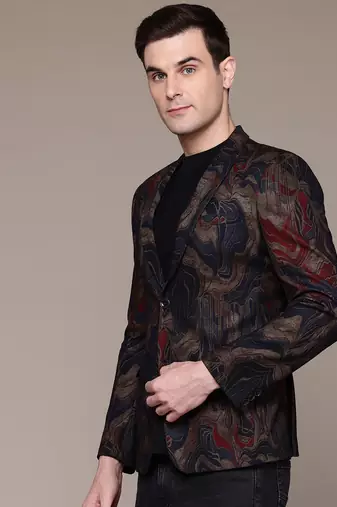 knitted single-breasted slim-fit blue and gold abstract print blazer