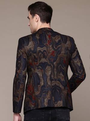 knitted single-breasted slim-fit blue and gold abstract print blazer 4